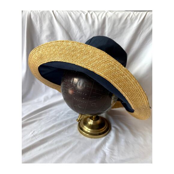 Lola Hats Single Take Wide Brim Sun Hat, Navy Blue Canvas, Straw Raffia Edge main image 5